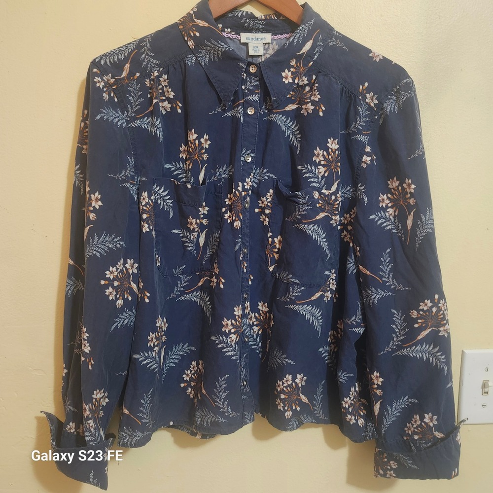 Sundance Women's XXL Blue Floral Print Long Sleeve Button Down‎ Shirt 
Cotton
